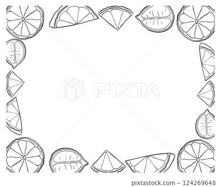 Lemons slice rectangle frame. Black and white template with citrus fruits. Vector graphic line ink illustration with empty space for text. Ideal for menu, package, cosmetic, textile, cards Lemons slice rectangle frame. Black and white template with citrus fruits. Vector graphic line ink illustration with empty space for text. Ideal for menu, package, cosmetic, textile, cards 124269648