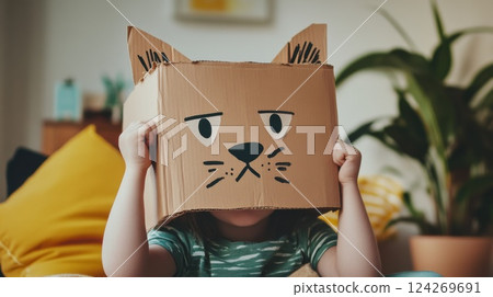 Playful child wearing a handmade cardboard cat mask indoors, creative DIY costume, imaginative home activity for kids, featuring fun expression and cozy decor 124269691