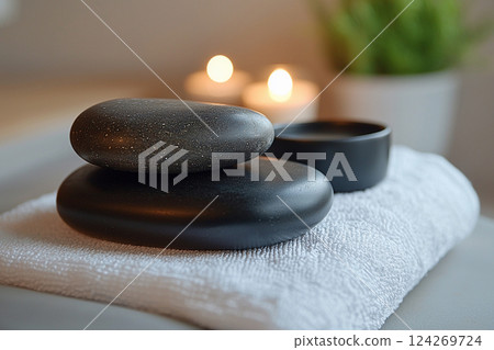 A set of smooth black stones rests on a folded white towel, accompanied by candles glowing softly, creating a tranquil ambiance perfect for relaxation Generative AI 124269724