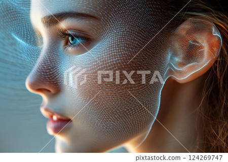 Identification of a person using a digital neural network. A woman's face is identified using artificial intelligence. Generated by artificial intelligence 124269747