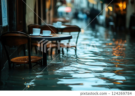 Street cafe flooded with water, table legs in water. Generated by artificial intelligence Street cafe flooded with water, table legs in water. Generated by artificial intelligence 124269784