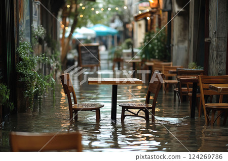 Flood. Wooden tables and chairs of a street cafe are flooded with water. Generated by artificial intelligence 124269786