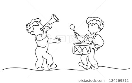 Little boys play with drum and trumpet. Kids music band. Continuous one line drawing 124269811