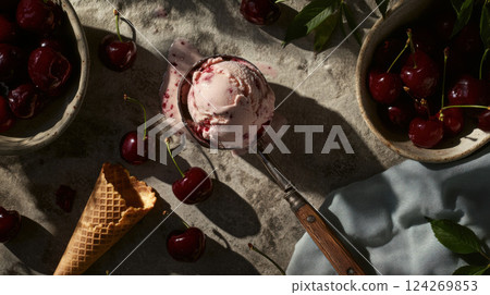 Artisan cherry ice cream scoop melting on a rustic stone background with fresh cherries, waffle cone, and textured cloth, capturing a seasonal dessert moment 124269853