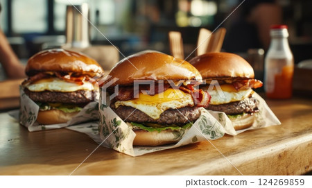 Close-up of juicy bacon cheeseburgers with grilled patties, fried eggs, lettuce, and sauce, served in a casual street food setting on rustic parchment paper 124269859