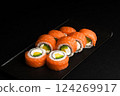 Delicious Fresh Salmon Sushi Rolls Presenting Exquisitely on a Black Background 124269917