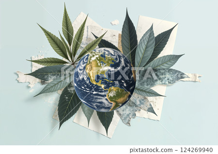 Mixed media collage of Earth with tropical leaves and paper textures, eco concept. AI generated 124269940
