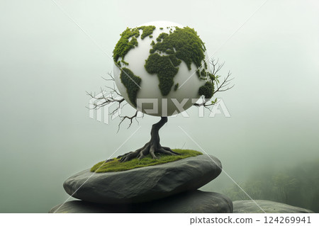 Bonsai tree holding Earth-shaped foliage on mossy rock, zen eco concept. AI generated 124269941