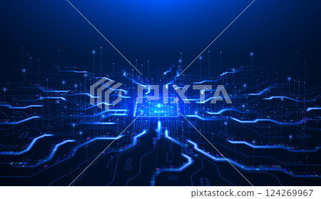 Abstract technology chip processor blue technology background circuit board and html code, 3D illustration vector background. 124269967