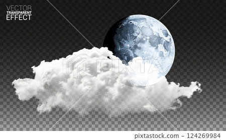 Realistic full moon with clouds isolated on a transparent background. White fog. Glowing milk moon. Vector illustration. Realistic full moon with clouds isolated on a transparent background. White fog. Glowing milk moon. Vector illustration. 124269984