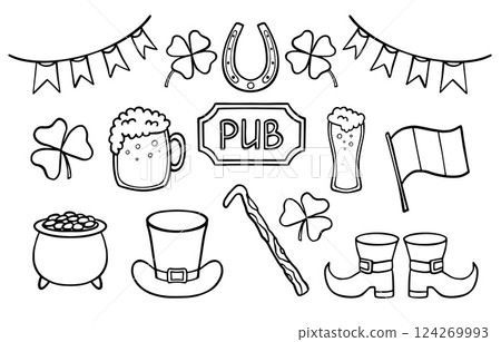 St. Patrick s Day elements doodle collection. Traditional symbols of irish culture featuring shamrocks, pot of gold, leprechaun hat, Irish flag, horseshoes, beer glasses 124269993