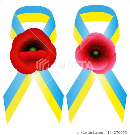 Blue yellow ribbon with flower poppy. 124270055