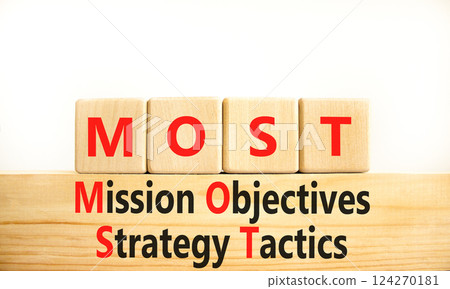 MOST symbol. Concept word MOST Mission Objectives Strategy Tactics on wooden blocks. Beautiful white background. Business motivational MOST Mission Objectives Strategy Tactics concept. Copy space 124270181