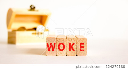 Woke question symbol. Concept word Woke question on beautiful wooden blocks. Chest with coins. Beautiful white table white background. Business, lifestyle, support woke question concept. Copy space. 124270188