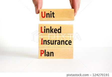 ULIP Unit Linked Insurance Plan symbol. Concept word ULIP Unit Linked Insurance Plan on beautiful blocks. Beautiful white background. Business ULIP Unit Linked Insurance Plan concept. Copy space. 124270191