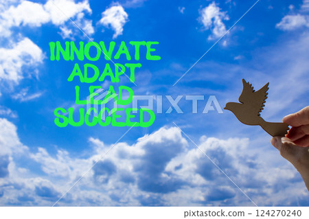 Innovate adapt lead succeed symbol. Concept words Innovate Adapt Lead Succeed. Beautiful blue sky and clouds background. Businessman hand. Business innovate adapt lead succeed concept. Copy space Innovate adapt lead succeed symbol. Concept words Innovate Adapt Lead Succeed. Beautiful blue sky and clouds background. Businessman hand. Business innovate adapt lead succeed concept. Copy space 124270240