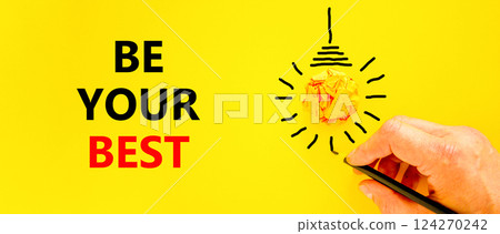 Motivational be your best symbol. Concept words Be your best on beautiful yellow paper. Beautiful yellow background. Businessman hand. Business motivational be your best concept. Copy space. Motivational be your best symbol. Concept words Be your best on beautiful yellow paper. Beautiful yellow background. Businessman hand. Business motivational be your best concept. Copy space. 124270242