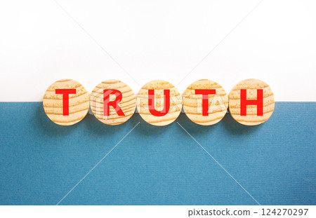 Truth symbol. Concept word Truth on beautiful wooden circles. Beautiful white and blue background. Business lifestyle truth concept. Copy space. Truth symbol. Concept word Truth on beautiful wooden circles. Beautiful white and blue background. Business lifestyle truth concept. Copy space. 124270297
