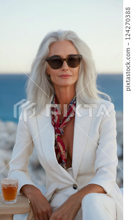 Vertical portrait of elderly woman in white suit enjoying summer day by the sea, travel and active leisure concept in old age, natural aging and active old age silver age concept 124270388