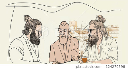 Line art illustration of three bearded men discussing a joint project or product launch, meeting in a cafe and discussing issues to achieve success Line art illustration of three bearded men discussing a joint project or product launch, meeting in a cafe and discussing issues to achieve success 124270396