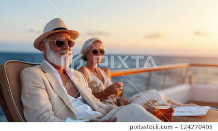 Aging couple relaxing on liner during Mediterranean cruise, warm sunset after sunny day, holding refreshing drink, promoting active lifestyle and healthy life Aging couple relaxing on liner during Mediterranean cruise, warm sunset after sunny day, holding refreshing drink, promoting active lifestyle and healthy life 124270405