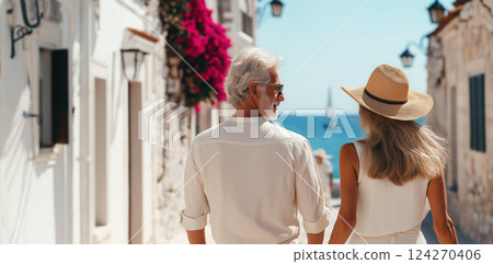 Elderly couple walking in streets of old town in archipelago in Greece, exploring history enjoying freedom and togetherness on summer vacation, healthy aging and active aging concept 124270406