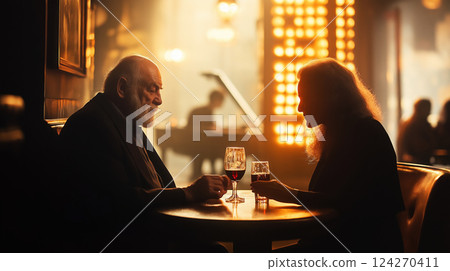 Elderly father talking to his daughter in a bar, meeting after a long separation, serious conversation and restoration of relations, backlit bright light, concept of family relations Elderly father talking to his daughter in a bar, meeting after a long separation, serious conversation and restoration of relations, backlit bright light, concept of family relations 124270411