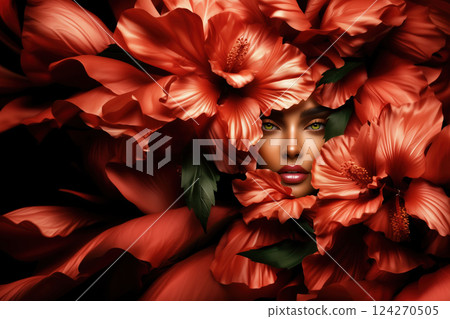 Blooming hibiscus surrounds woman's face, soft glow and natural charm highlight elegance and freshness of spring, blending human grace with blooming nature, concept of beauty and cosmetics advertising Blooming hibiscus surrounds woman's face, soft glow and natural charm highlight elegance and freshness of spring, blending human grace with blooming nature, concept of beauty and cosmetics advertising 124270505