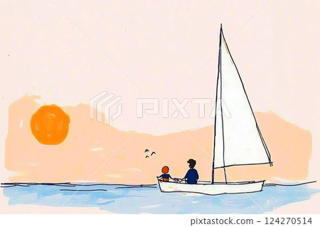 Family adventure, father and son sailing on a yacht in the bay, beautiful sunset, drawing about childhood dreams and fun adventures, concept of family and family vacations at sea 124270514