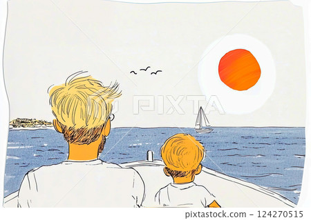 A father and son riding a boat on the bay, childhood and fun adventures, drawing with the concept of family and family vacations at sea 124270515