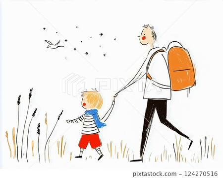 Drawing with father with backpack and son holding hands and going on a hike, moment of family happiness and poster concept for Father's Day or Family Day Drawing with father with backpack and son holding hands and going on a hike, moment of family happiness and poster concept for Father's Day or Family Day 124270516