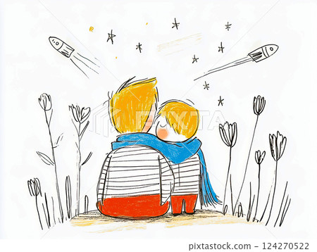 On the lawn, father and son watching the starry sky and rockets taking off, imagination and childhood dreams, magical family moment filled with love and inspiration, Father's Day drawing On the lawn, father and son watching the starry sky and rockets taking off, imagination and childhood dreams, magical family moment filled with love and inspiration, Father's Day drawing 124270522