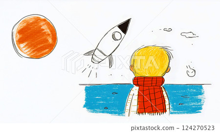 Dreams and adventures, boy in red scarf standing on seashore watching rocket take off, childhood dreams and family support concept, Father's Day and family drawing 124270523