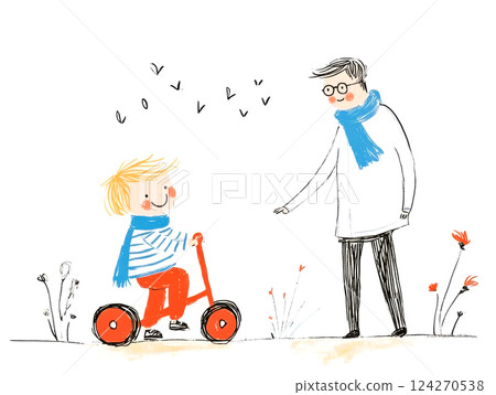 boy riding red kids bike riding in park, father walking beside son supporting him, concept cheerful and inspired by childhood dreams and fantasies picture boy riding red kids bike riding in park, father walking beside son supporting him, concept cheerful and inspired by childhood dreams and fantasies picture 124270538