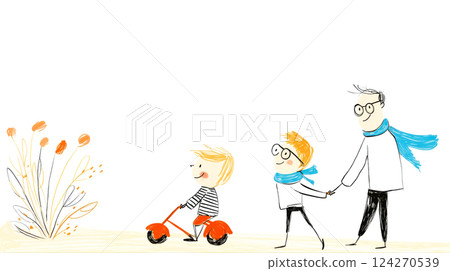 Father walking with kids in park, boy riding red kids tricycle, father walking beside son supporting him, hand drawn image, cheerful and inspired by childhood dreams and fantasies picture Father walking with kids in park, boy riding red kids tricycle, father walking beside son supporting him, hand drawn image, cheerful and inspired by childhood dreams and fantasies picture 124270539