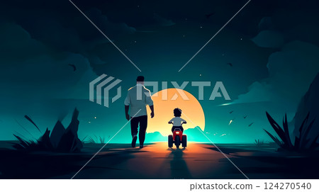 Father and son bonding, father teaching boy to ride red tricycle, father walking beside for support, father and family day concept Father and son bonding, father teaching boy to ride red tricycle, father walking beside for support, father and family day concept 124270540