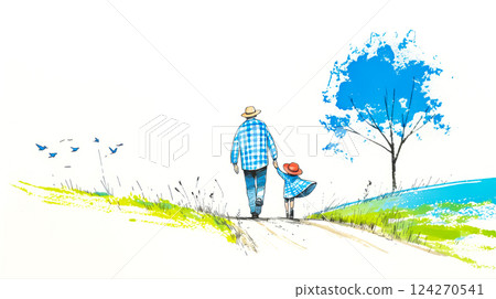 Pencil drawing of father and daughter walking in formal park, father's day or family day card concept, bright poster about childhood and caring in family 124270541