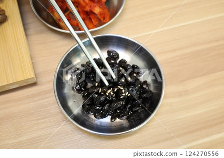 Korean side dish food. Braised black beans Korean side dish food. Braised black beans 124270556