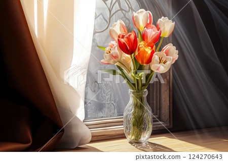 First spring tulips in glass vase in art deco style, rays of bright sunlight of spring morning, soft lighting cozy atmosphere, copy space with spring tulips with concept of Mother's Day or Women's Day 124270643