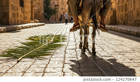 low angle shot, man sitting on donkey rides old city street, sandals almost touching ground, palm branch lying on road, warm sunlight of early Sunday , copy space for Palm Sunday and Easter backdrop 124270647