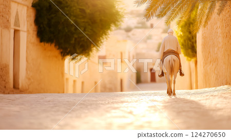 Early spring morning, warm sunlight refreshes men riding donkey riding on street of old city, palm branches and figs cast shadow, copy space banner as idea for Palm Sunday and Easter backdrop 124270650