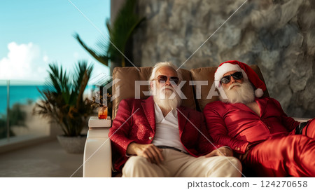 Portrait of elderly friends Santa Claus costumes relaxing chair after New Year's party, Santas relaxing in tropical resort enjoying sun and vacation, concept of retreat and relaxation after hard work 124270658