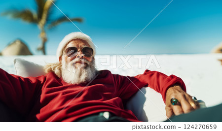 banner with portrait of Santa relaxing on tropical resort and enjoying sun and vacation, concept of vacation and relaxation after hard work banner with portrait of Santa relaxing on tropical resort and enjoying sun and vacation, concept of vacation and relaxation after hard work 124270659