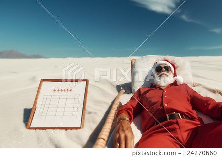 Santa Claus dozing on a lounge chair on white sand tropical beach, board with concept of plan for next Christmas stands nearby, Santa enjoying tropical beach vacation after hard winter work 124270660