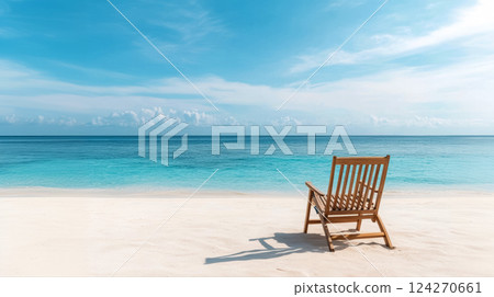 Wooden chair standing waiting for tourists on white sandy beach, bright sun invitation enjoy vacation and warm sun, copy space for tropical island travel and vacation concept Wooden chair standing waiting for tourists on white sandy beach, bright sun invitation enjoy vacation and warm sun, copy space for tropical island travel and vacation concept 124270661
