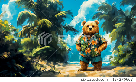 Poster of a big brown bear in a Hawaiian multi-colored shirt walking around a tropical island, vacation concept on a warm sea and invitations to a cruise and vacation 124270668