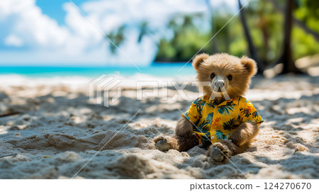 Vacation concept after winter, brown bear Hawaiian shirt sitting on sand in shade of palm tree, enjoying warm beach vacation, bright sun and ocean waves, space for vacation text and travel invitation 124270670