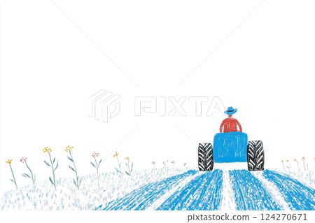 Pencil color children's drawing, tractor driving along the road on the farm, blue background copy space with the concept conscious farming and organic methods maintain ecological balance 124270671