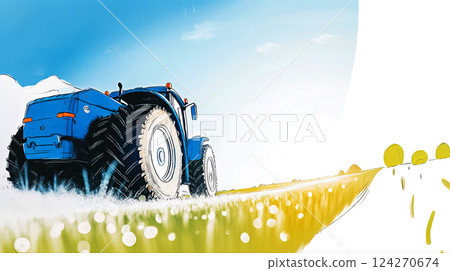 bottom corner of frame, close-up drawing of tractor plowing field at dawn, modern technology increases farm productivity, copy space about ecological farming concept 124270674