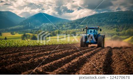 Poster of tractor cultivating spring field valley, warm spring days and hot farming season of seasonal work, concept of agricultural mechanization, modern equipment with traditional farming methods 124270678